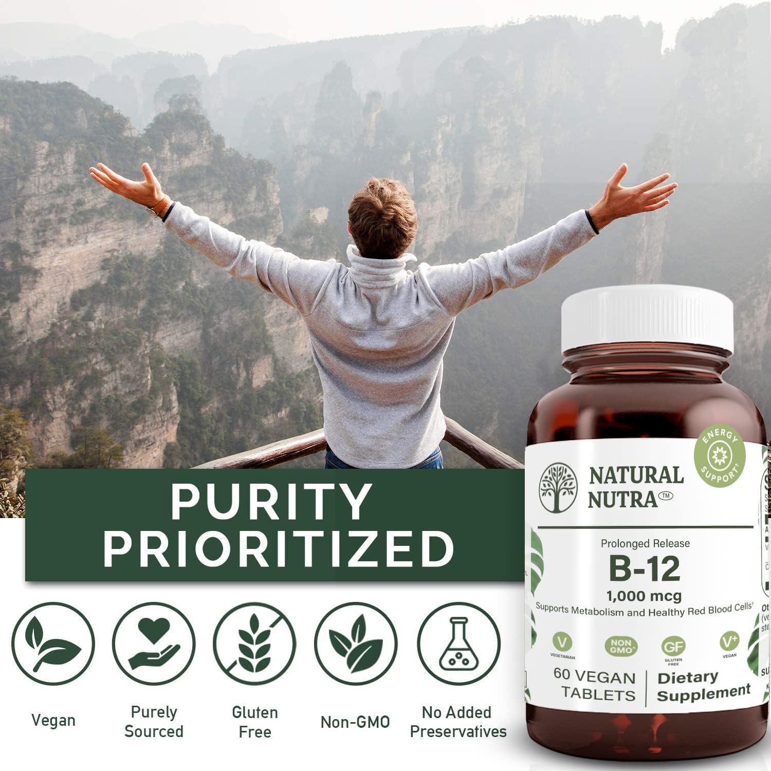 Natural Nutra Vitamin B12 1000 mcg, Cobalamin B12 Supplement, Contributes to Normal Energy Metabolism, Supports Nervous System, Vegan, Gluten Free, Sugar Free, 60 Tablets - görsel 4