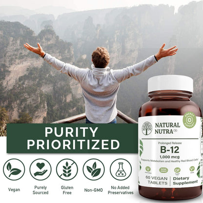 Natural Nutra Vitamin B12 1000 mcg, Cobalamin B12 Supplement, Contributes to Normal Energy Metabolism, Supports Nervous System, Vegan, Gluten Free, Sugar Free, 60 Tablets