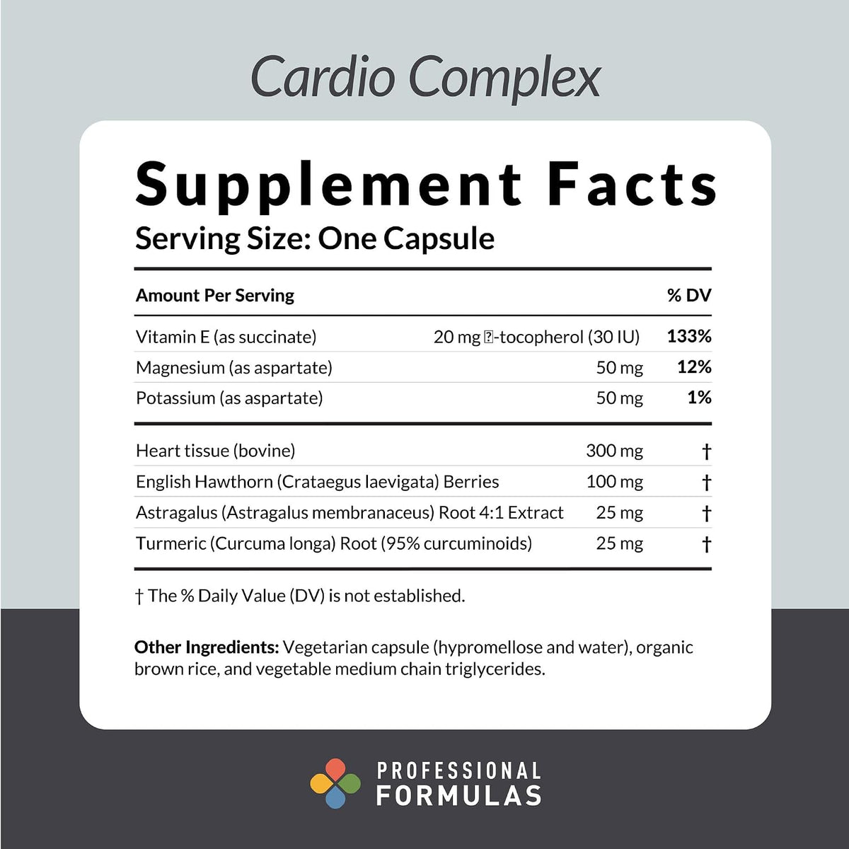 Professional Formulae Cardio Complex – Heart Glandular with Vitamin E, Magnesium, Potassium, English Hawthorn, Astragalus and Turmeric – Gluten Free, 60 Capsules - görsel 2