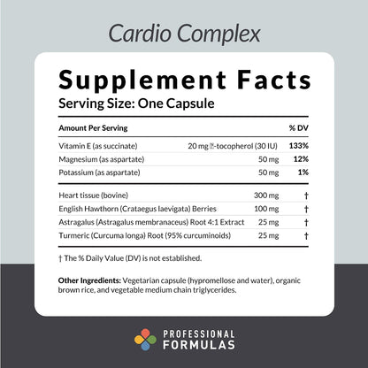 Professional Formulae Cardio Complex – Heart Glandular with Vitamin E, Magnesium, Potassium, English Hawthorn, Astragalus and Turmeric – Gluten Free, 60 Capsules