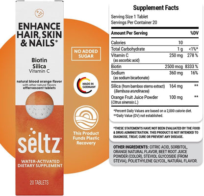 Seltz Hair, Skin and Nails Drink Tablets – Biotin Food Supplement with Vitamin C and Silica, Effervescent, No Added Sugar, Blood Orange Flavour, 6 Pack
