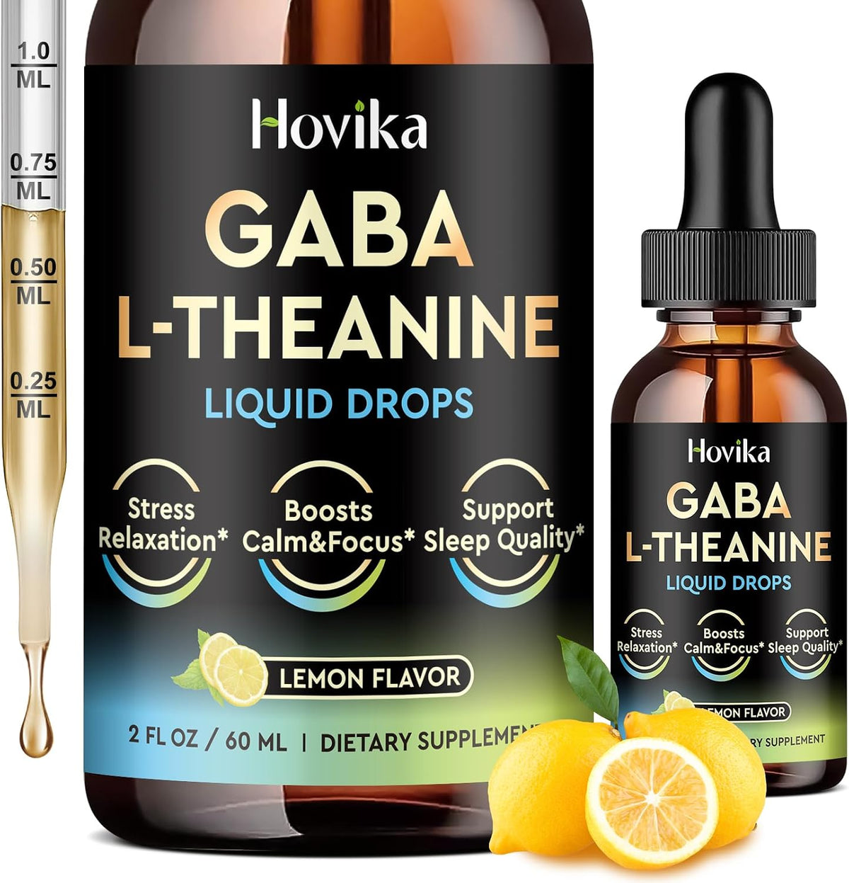 GABA L-Theanine Drops - Liquid Supplement with L-Theanine, Ashwagandha, Magnesium Glycinate, Vitamin C, B6 - Supports Sleep, Relaxation, Calm Mood & Focus - Lemon Flavour, 60 ml - görsel 1