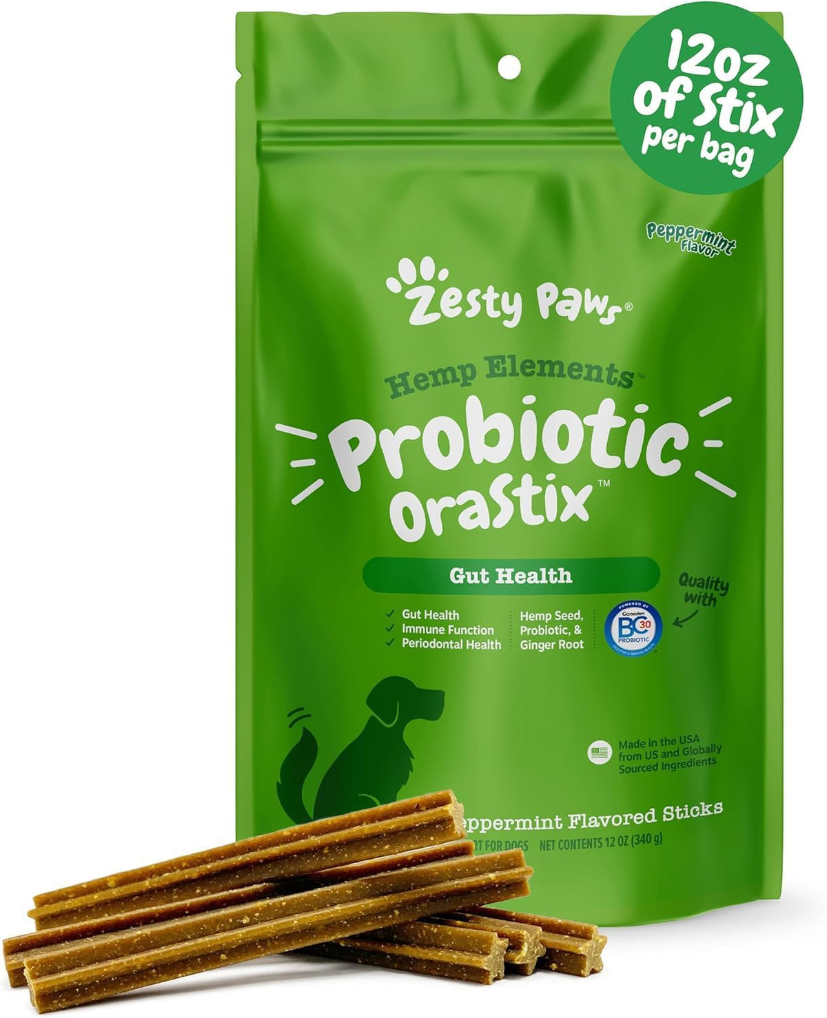 Zesty Paws OraStix for Dogs - Probiotic Sticks with Hemp Seed, Curcumin, Ginger Root, Taurine - Supports Gut Function, Immune System and Dental Health - 12oz - görsel 1