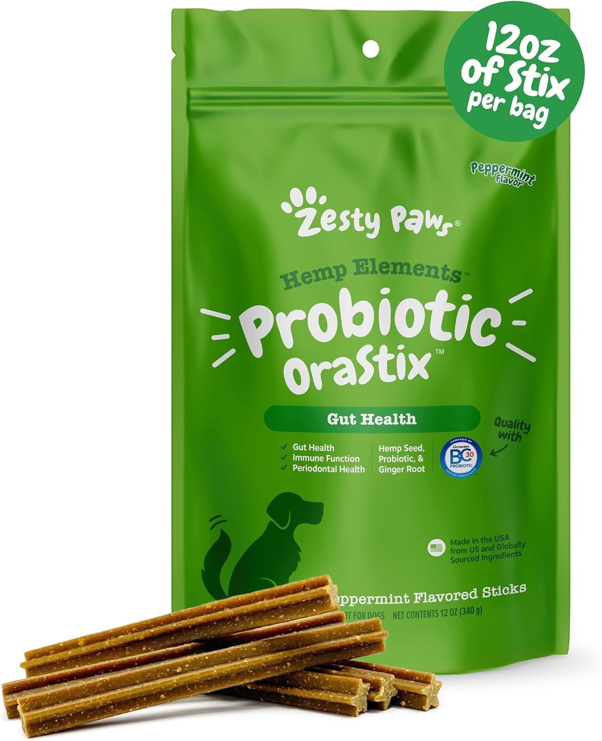 Zesty Paws OraStix for Dogs - Probiotic Sticks with Hemp Seed, Curcumin, Ginger Root, Taurine - Supports Gut Function, Immune System and Dental Health - 12oz - görsel 1
