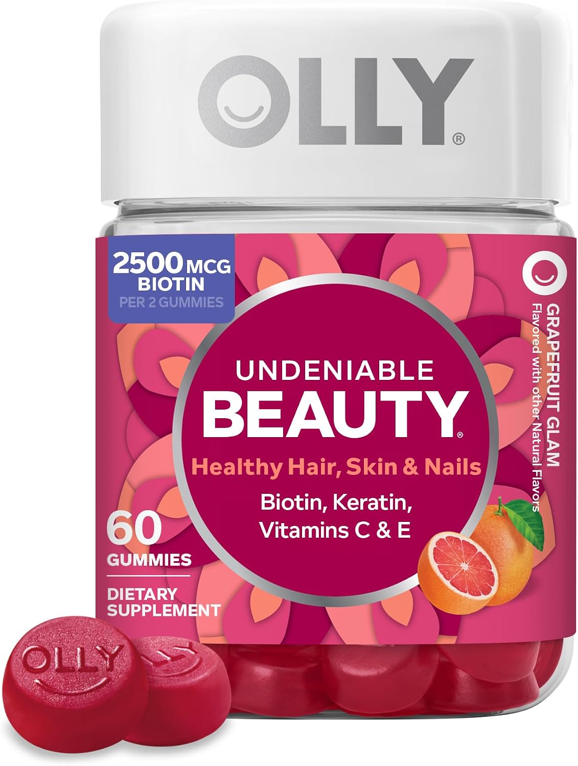 OLLY Hair, Skin and Nails Gummies - Biotin 2500mcg, Keratin & Vitamin C - Grapefruit Flavour - 60 Count - görsel 1