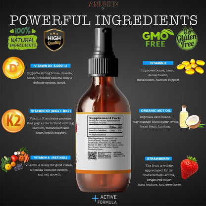 Vitamin D3 K2 5000 IU Liquid Spray with Vitamin A & Organic MCT Oil (Strawberry, 60 ml)