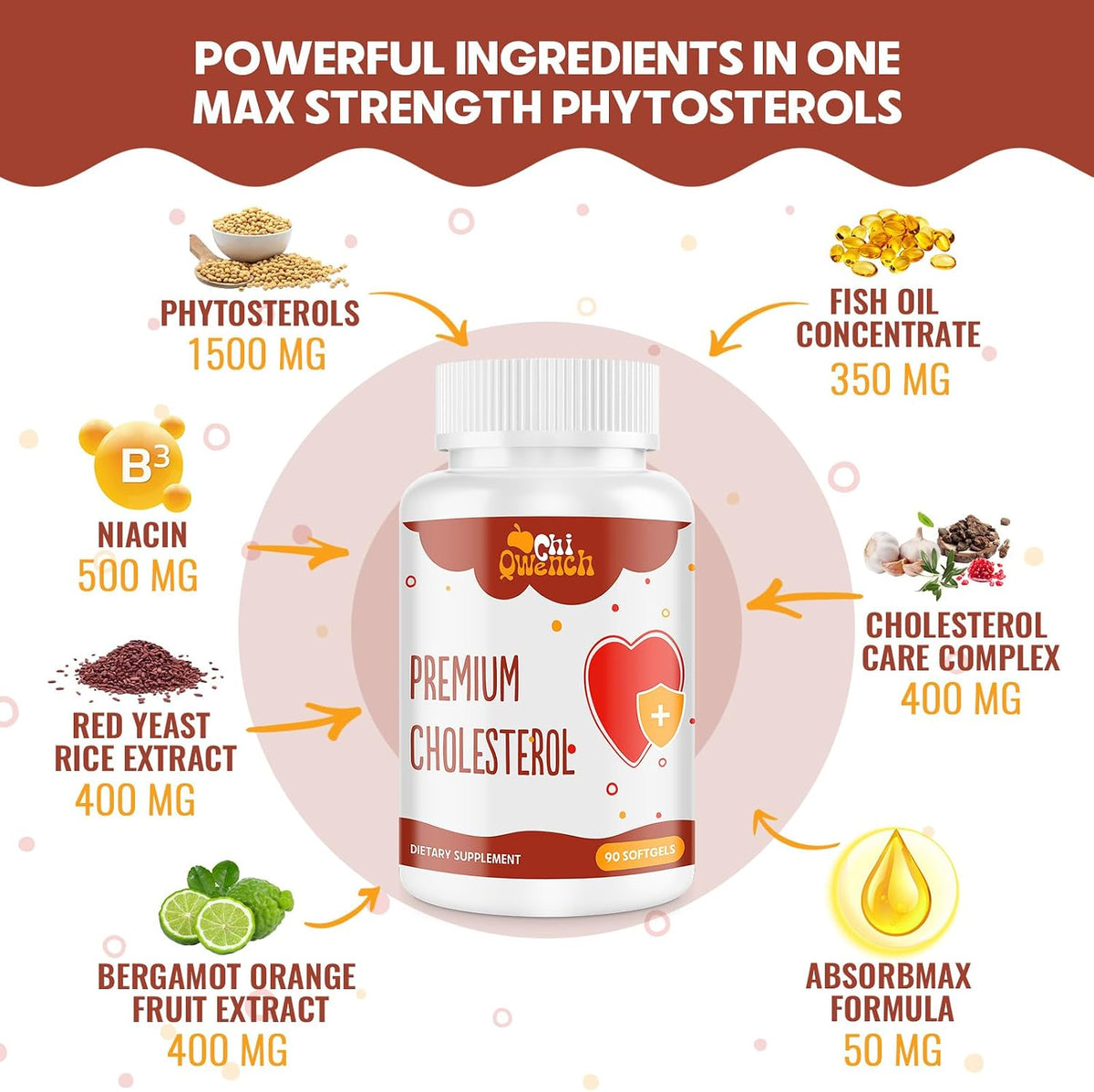 ChiQwench Cholesterol Support Complex - 14-in-1 Formula with Plant Sterols, Niacin, and Red Yeast Rice, 180 Soft gel capsules - görsel 3