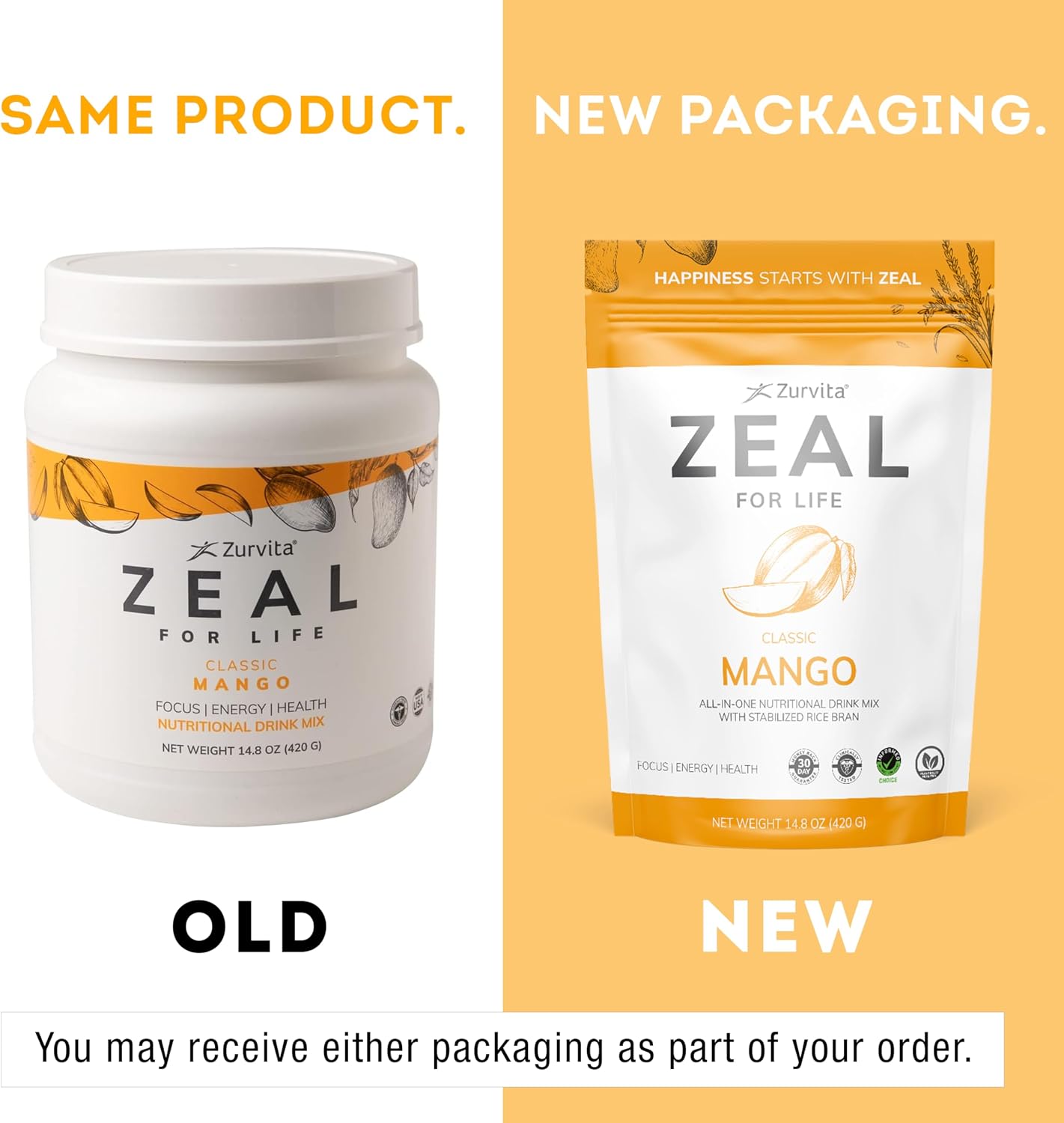 Zurvita Zeal for Life Wellness Drink Mix - Mango Flavour - Gluten-Free, Vegan, with Biotin, Vitamins B12, C, D, E, Iron, Magnesium - 30 Servings (420 g) - görsel 3