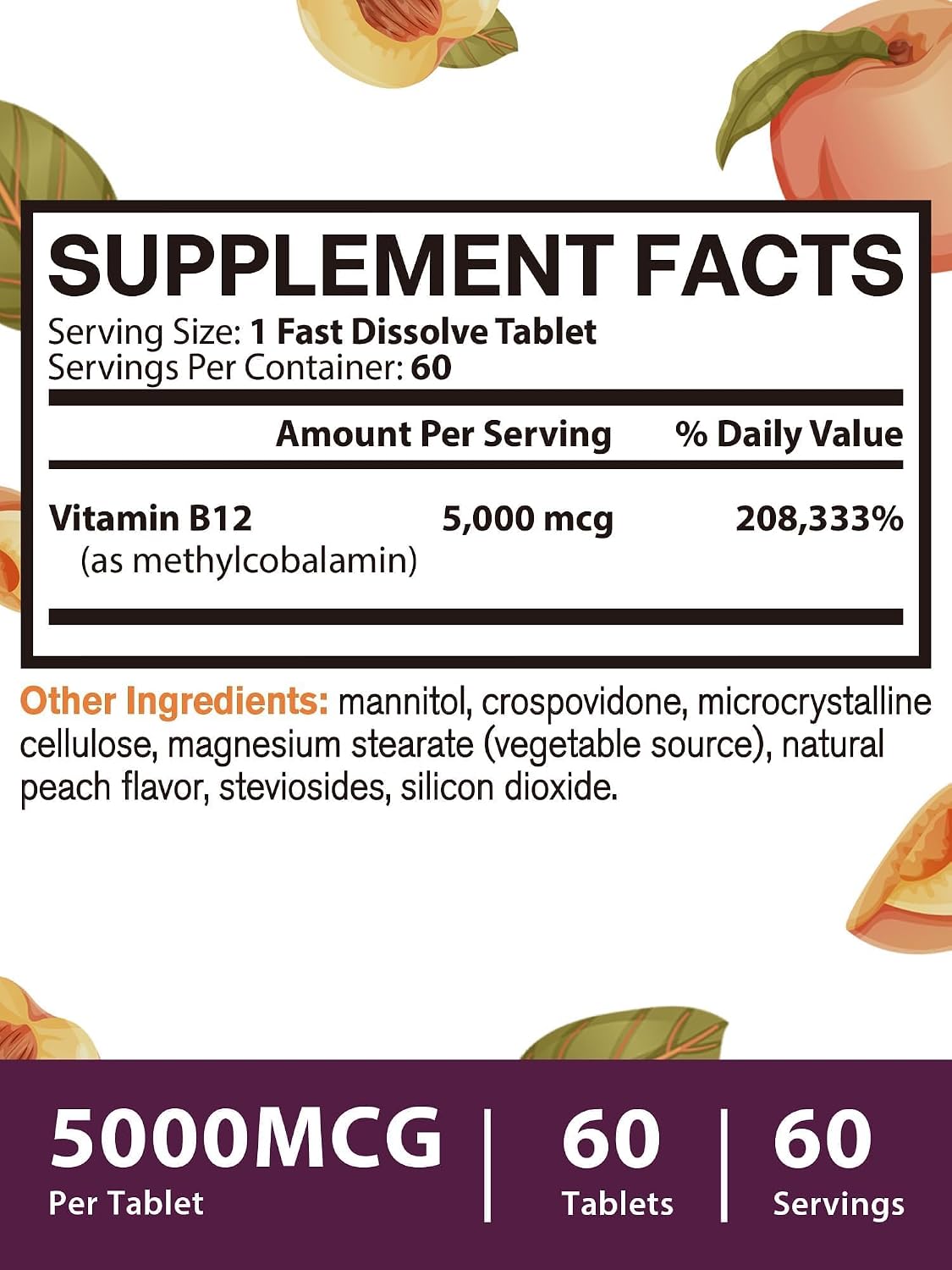 Vitamin B12 Sublingual, Methylcobalamin 5000mcg for Energy Production, Energy, Nerve & Cell Support, Natural Peach Flavour, Vegan, Zero Sugar, 60 Fast Dissolve Tablets - görsel 4