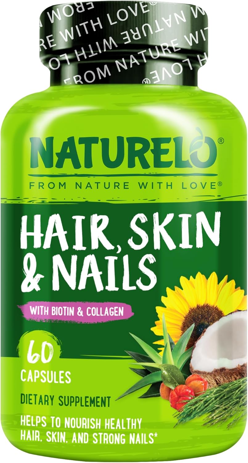 NATURELO Hair, Skin and Nails Vitamins - 5000 mcg Biotin, Collagen, Natural Vitamin E - 60 Capsules - görsel 1