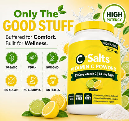 C-Salts Buffered Vitamin C Powder | Pure Organic, Stomach-Friendly Ascorbic Acid | Vegan, Non-GMO, Sugar Free | 84 Servings Lemon & Lime, 227 g