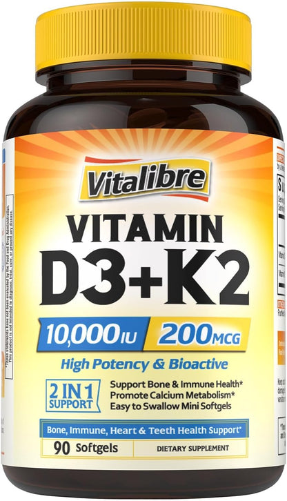 Vitalibre Vitamin D3 K2 Supplement, 10000 IU D3 / 200 mcg K2 MK7, 90 Soft gel capsules