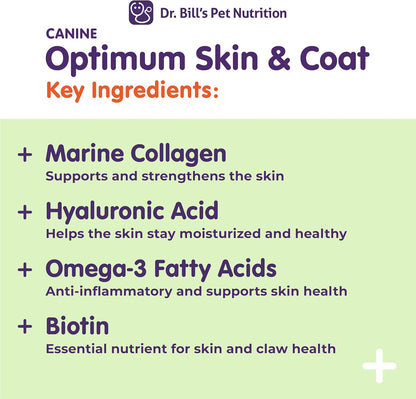 Dr. Bill's Canine Optimum Skin and Coat – Omega-3, Collagen, Biotin & Hyaluronic Acid – 340g Vet-Recommended Dog Supplement