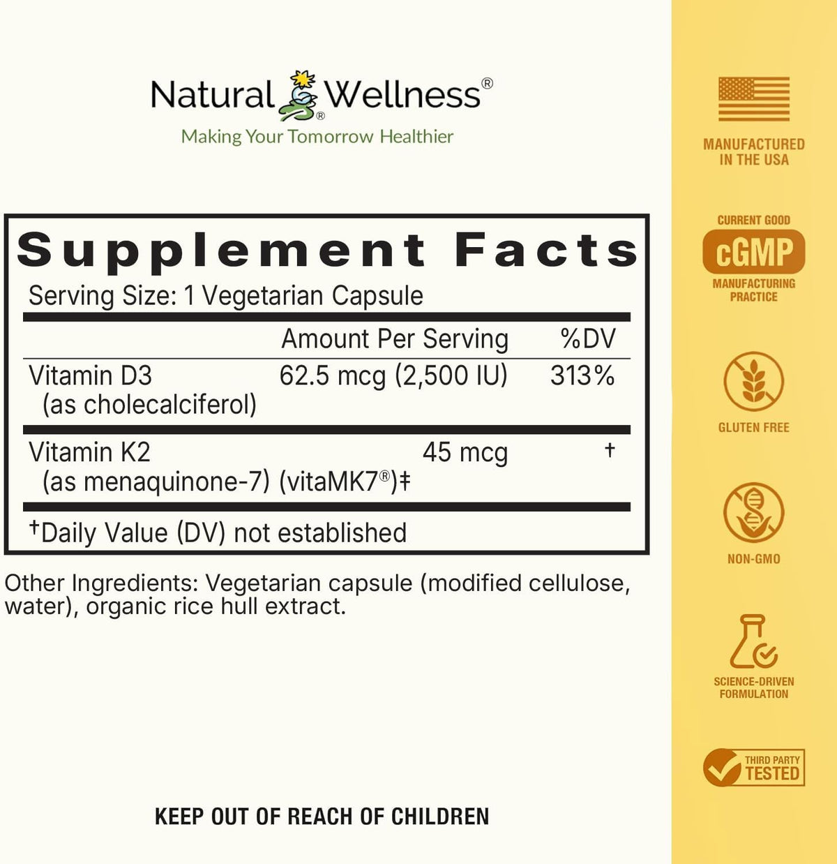 Natural Wellness Vitamin D3 + K2 – High Potency Vitamin D3 2500 IU & K2 MK-7 45 mcg – Supports Bone Strength, Heart Health, Immunity & Metabolism - Vegetarian Supplement - görsel 2