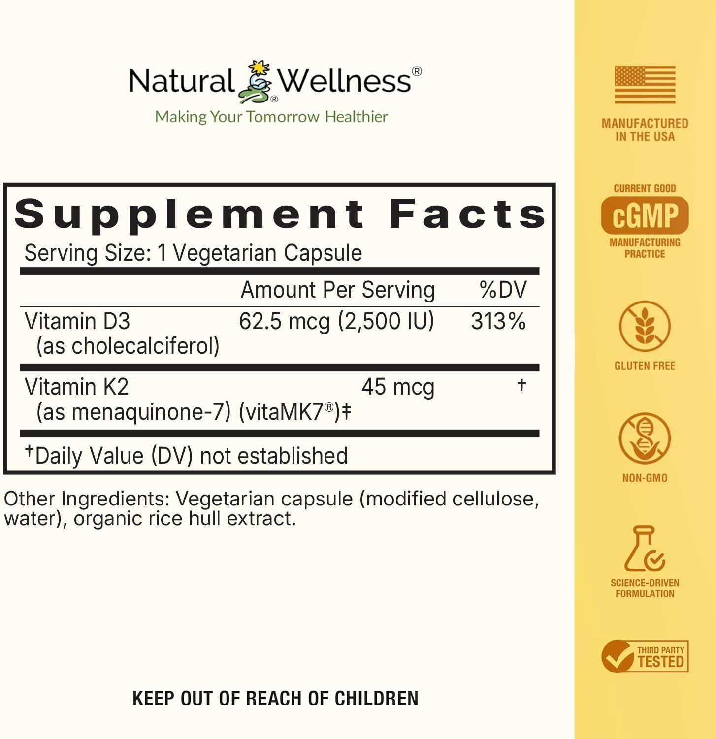 Natural Wellness Vitamin D3 + K2 – High Potency Vitamin D3 2500 IU & K2 MK-7 45 mcg – Supports Bone Strength, Heart Health, Immunity & Metabolism - Vegetarian Supplement - görsel 2