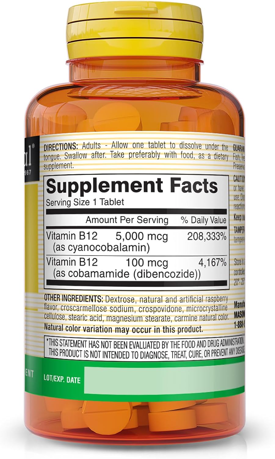 Mason Natural Vitamin B12 5000 mcg Sublingual Tablets, Raspberry Flavour, 30 Count - görsel 2