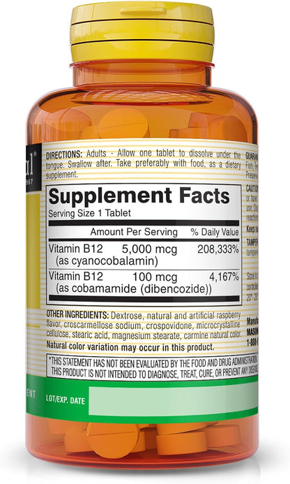 Mason Natural Vitamin B12 5000 mcg Sublingual Tablets, Raspberry Flavour, 30 Count