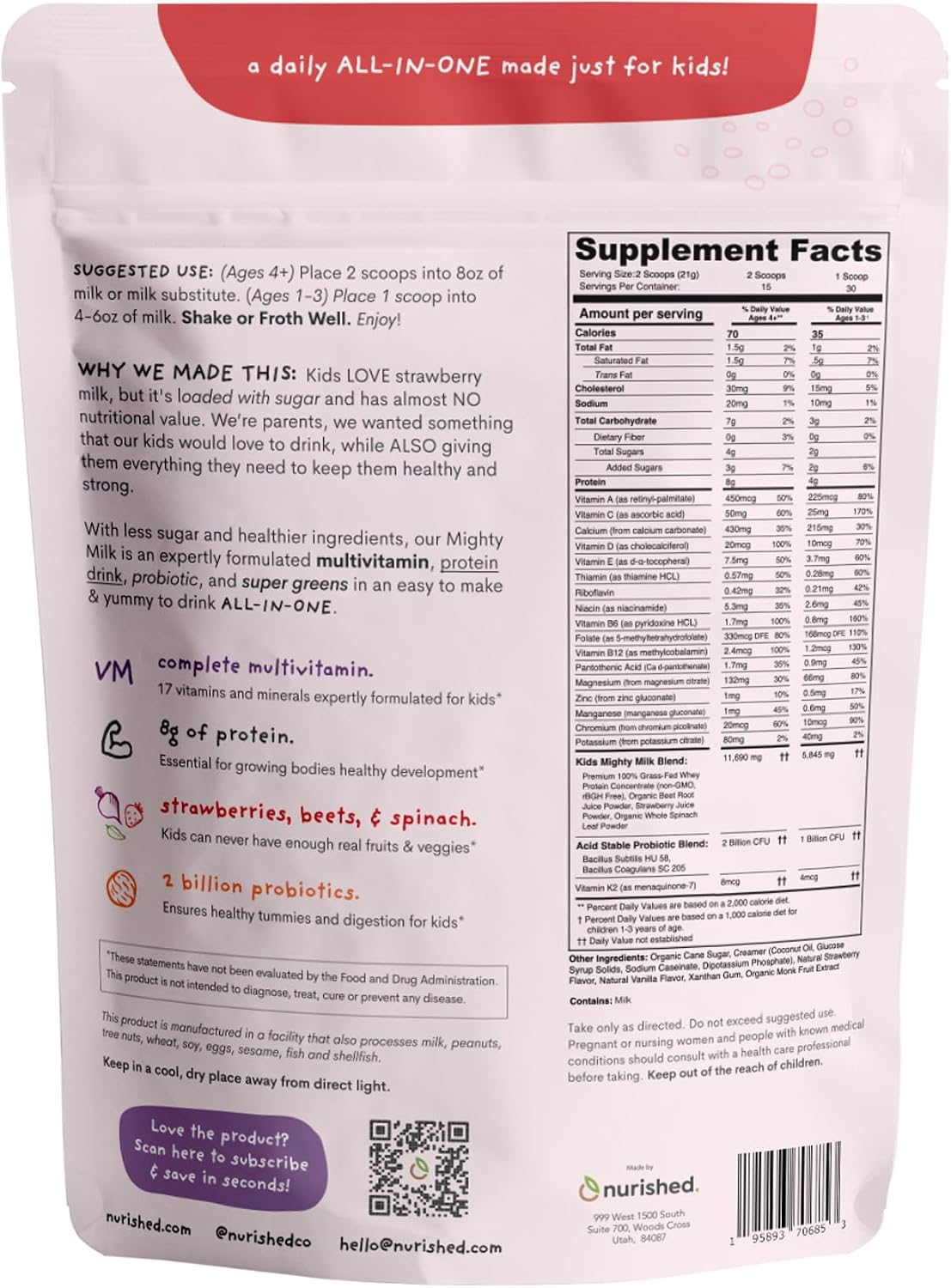 Nurished Mighty Strawberry Milk – Kids' All-in-One Daily Protein Powder & Multivitamin with Probiotics – 15-30 Servings - görsel 2