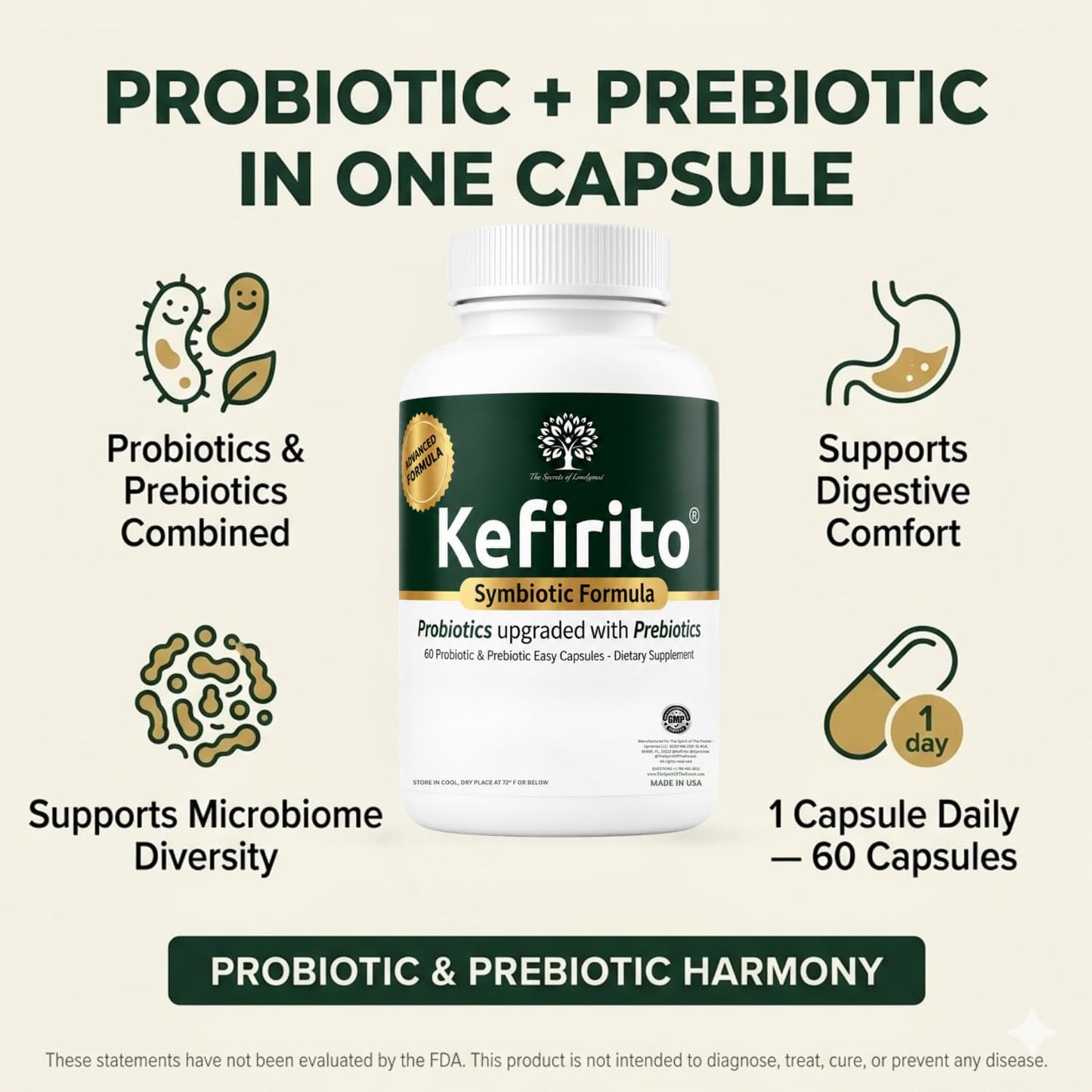 Kefirito Daily Symbiotic Formula – Probiotic + Prebiotic Daily Supplement, 60 Capsules - görsel 10