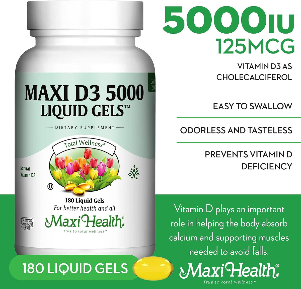 Maxi Health Vitamin D3 5000 IU Softgels – 125 mcg D3, Immune & Bone Support, Kosher, Non-GMO, Gluten-Free – 180 Softgels - görsel 3