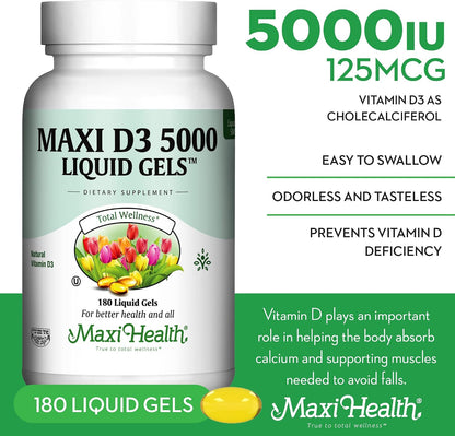 Maxi Health Vitamin D3 5000 IU Softgels – 125 mcg D3, Immune & Bone Support, Kosher, Non-GMO, Gluten-Free – 180 Softgels