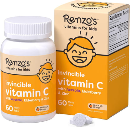 Renzo's Invincible Kids Vitamin C with Elderberry – Sugar-Free Dissolvable Melty Tabs, Orange Flavour, 60 Count