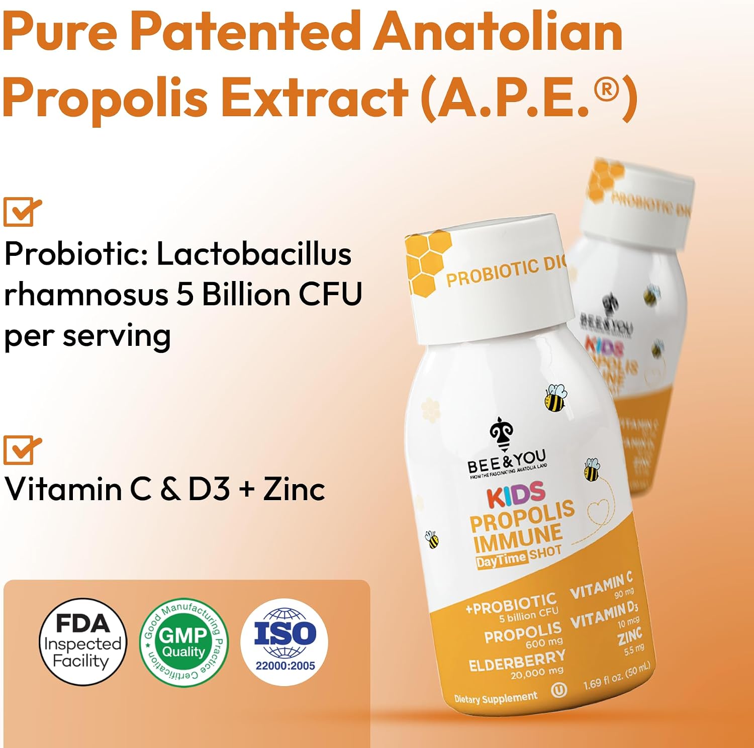 Bee & You Kids Propolis Immune Day Time Shot - Probiotic, Vitamin C, Vitamin D3, Zinc - Immune & Gut Health - 50 ml (12 Pack) - görsel 4