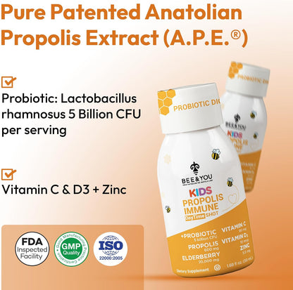 Bee & You Kids Propolis Immune Day Time Shot - Probiotic, Vitamin C, Vitamin D3, Zinc - Immune & Gut Health - 50 ml (12 Pack)