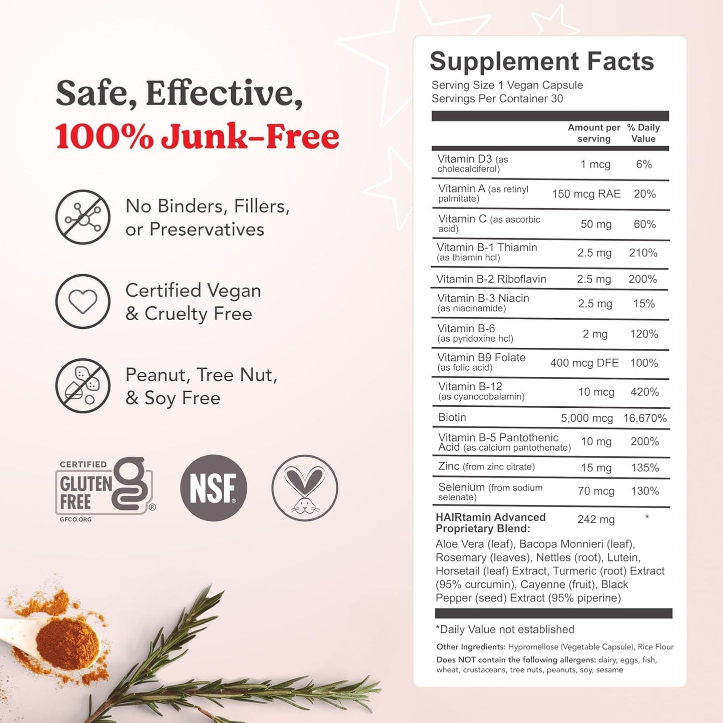 HAIRtamin Advanced Formula Hair Supplement – 5000 mcg Biotin, Vitamins & Antioxidants, Vegan – 1 Month Supply - görsel 9