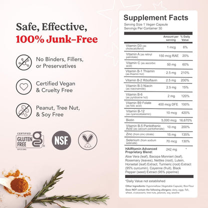 HAIRtamin Advanced Formula Hair Supplement – 5000 mcg Biotin, Vitamins & Antioxidants, Vegan – 1 Month Supply