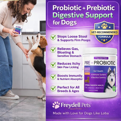 Freydell Pets Probiotics for Dogs – Digestive Enzymes, Prebiotics & Fibre Soft Chews – 120 Chews