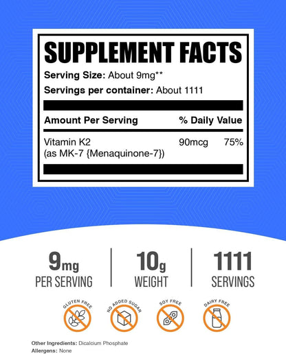 BulkSupplements.com Vitamin K2 MK-7 Powder - Menaquinone Food Supplement, 9mg per Serving, 10g