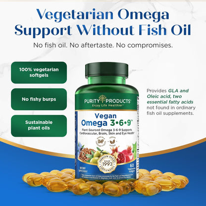 Purity Products Vegan Omega 3-6-9 – 5-in-1 Plant-Based Essential Fatty Acid Complex (60 Softgels)