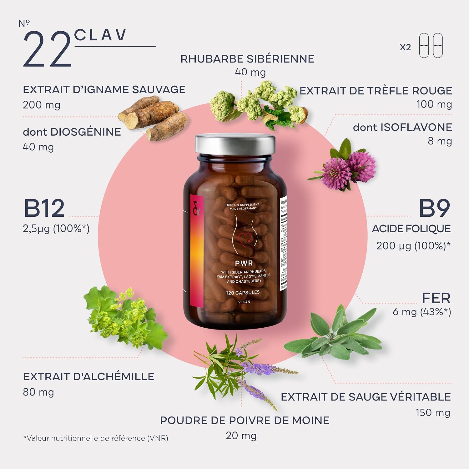 CLAV® Natural Hormone Balance for Women – PMS Relief with Siberian Rhubarb, Wild Yam & Chasteberry – Vegan Menstrual Regulator Supplement – 120 Capsules - görsel 5