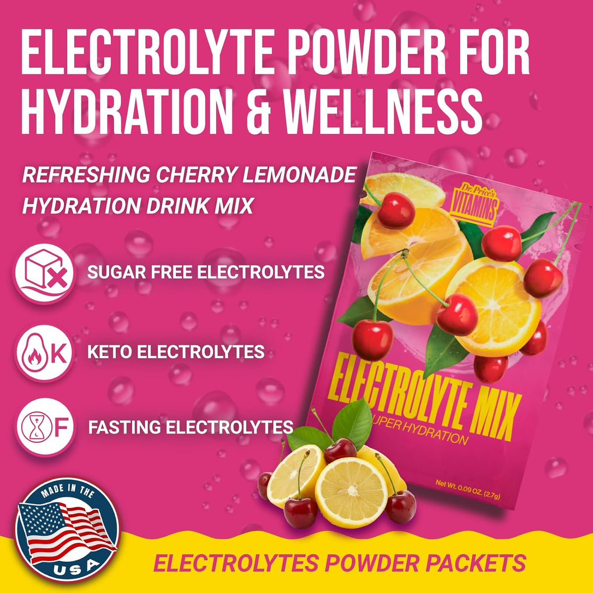 Dr. Price's Electrolytes Hydration Powder Packets – Cherry Lemonade, Sugar-Free Electrolyte Drink Mix with 72+ Trace Minerals, 30 Packets - görsel 2