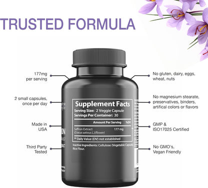 Saffron Supplements 177mg, Pure Saffron Extract – Natural Mood and Energy Support for Women and Men