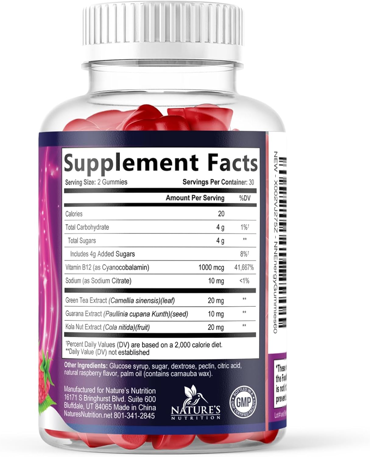 Energy Gummies with Vitamin B12 & Green Tea Caffeine - Berry Flavour - 60 Count - görsel 9