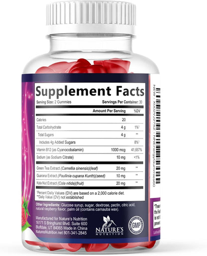 Energy Gummies with Vitamin B12 & Green Tea Caffeine - Berry Flavour - 60 Count
