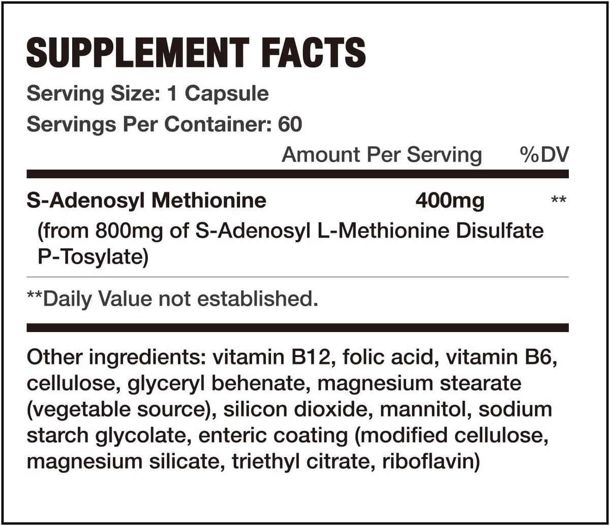 7c SAM-e 400mg Supplement with Vitamin B6, B12 & Folic Acid – Vegan, Non-GMO, Gluten-Free – 60 Enteric Coated Capsules - görsel 2