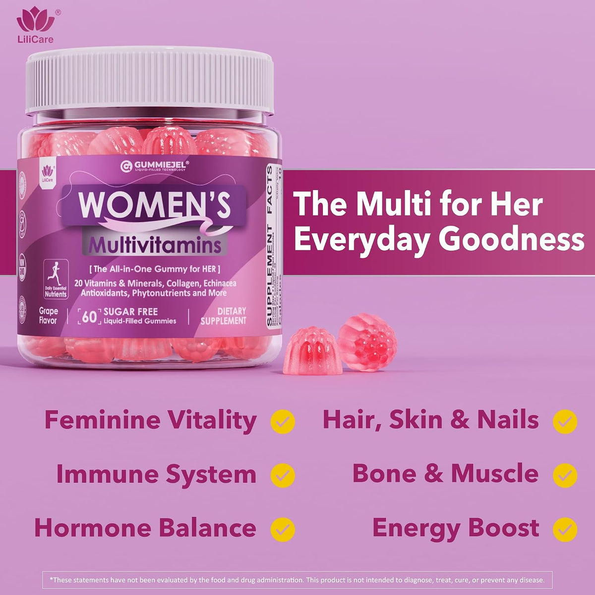 LILICARE Women's Multivitamin Gummies – Methylated Multivitamin with Biotin, Iron, Collagen, Methylfolate, B Complex, Hair, Skin and Nails Support, No Added Sugar, 60 Count - görsel 5