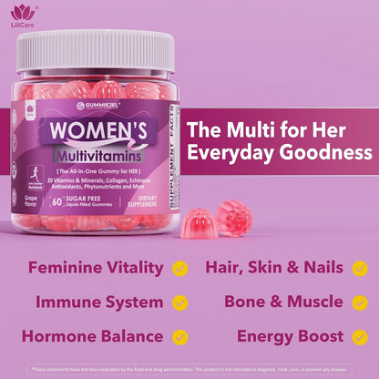 LILICARE Women's Multivitamin Gummies – Methylated Multivitamin with Biotin, Iron, Collagen, Methylfolate, B Complex, Hair, Skin and Nails Support, No Added Sugar, 60 Count