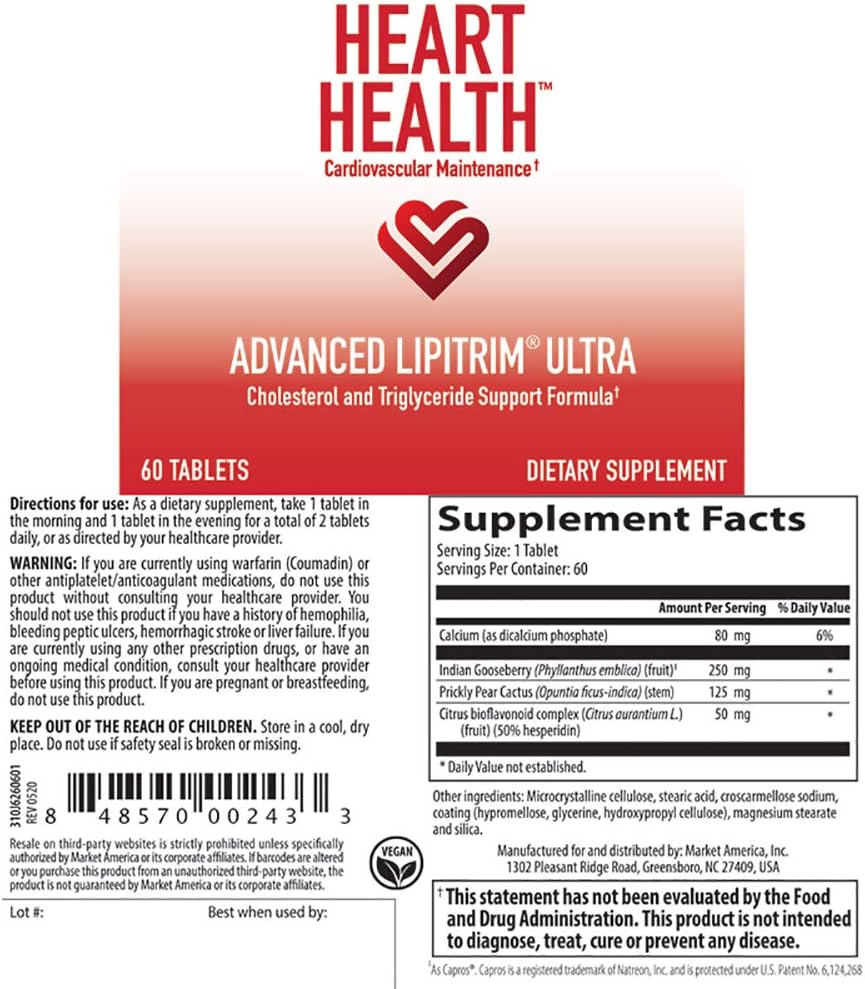Heart Health Advanced LipiTrim Ultra, Cholesterol and Triglyceride Support Formula, Antioxidant, Helps Maintain Normal Blood Glucose Levels (30 Servings) - görsel 1