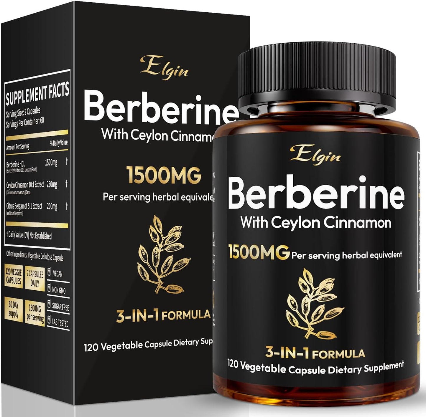 Berberine HCL 1500mg with Ceylon Cinnamon & Citrus Bergamot - Triple Action Metabolic Support, Vegan Capsules (120 Count) - görsel 1