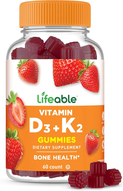 Lifeable Vitamin D3 K2 Gummies for Adults – Strawberry Flavour, 60 Gummies