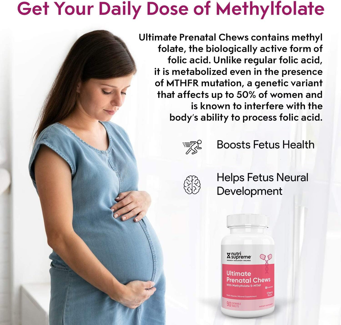 Nutri Supreme Prenatal Vitamin, Chewable Prenatal Vitamins for Women with Highly Absorbable Methyl Folate, Complete Prenatal Multivitamin with Iron, Kosher, Cherry Flavour, 90 Wafers - görsel 4