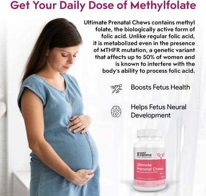 Nutri Supreme Prenatal Vitamin, Chewable Prenatal Vitamins for Women with Highly Absorbable Methyl Folate, Complete Prenatal Multivitamin with Iron, Kosher, Cherry Flavour, 90 Wafers