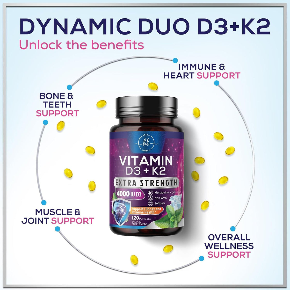 Vitamin D3 with K2 (MK-7) - 4000 IU D3 + 100 mcg K2 per Serving - 120 Soft gel capsules - görsel 5