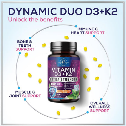 Vitamin D3 with K2 (MK-7) - 4000 IU D3 + 100 mcg K2 per Serving - 120 Soft gel capsules