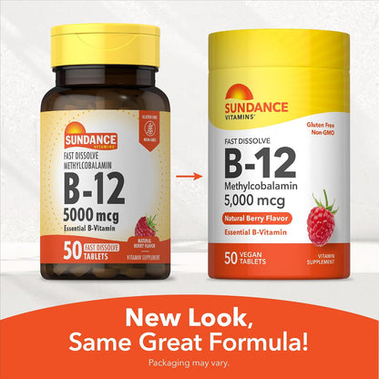 Sundance Vitamin B12 5000mcg Fast Dissolve Tablets, Methylcobalamin, Natural Berry Flavour, 50 Tablets