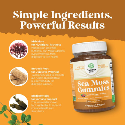 Sea Moss Gummies for Adults and Children - Vegan Immune Support Gummies with Burdock & Bladderwrack - Berry Flavour - 30 Count